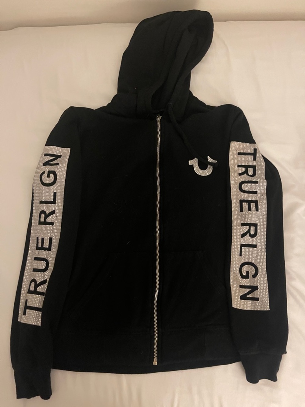 True Religion Black Rhinestone Sleeve Logo Zip Hoodie